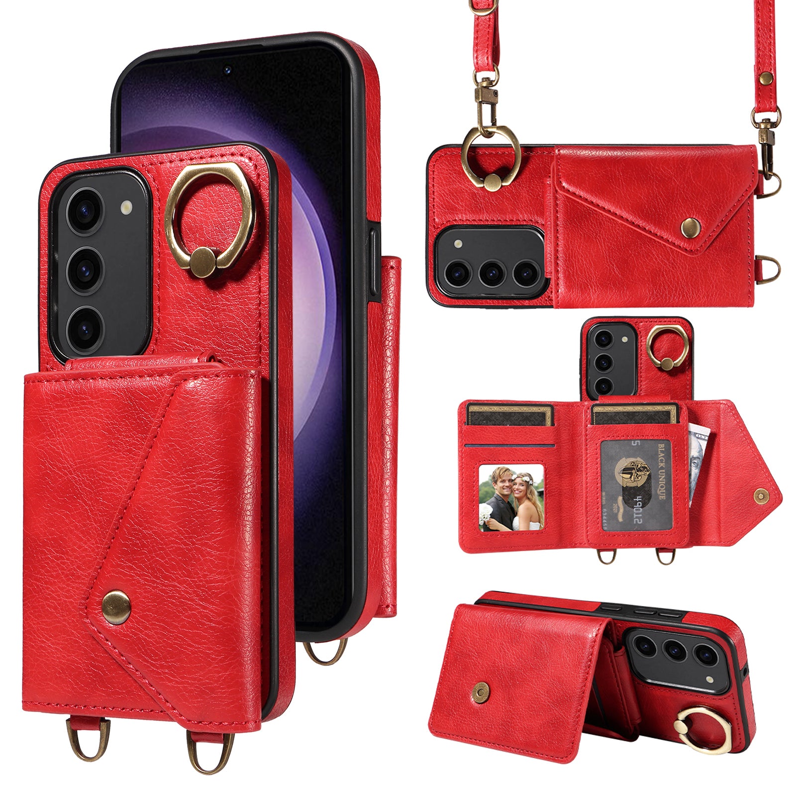 002 Protective Shell for Samsung Galaxy S23 Ring Kickstand Litchi Texture Leather TPU Card Bag Phone Case with Shoulder Strap 002 Protective Shell for Samsung Galaxy S23 Ring Kickstand Litchi Texture Leather TPU Card Bag Phone Case with Shoulder Strap